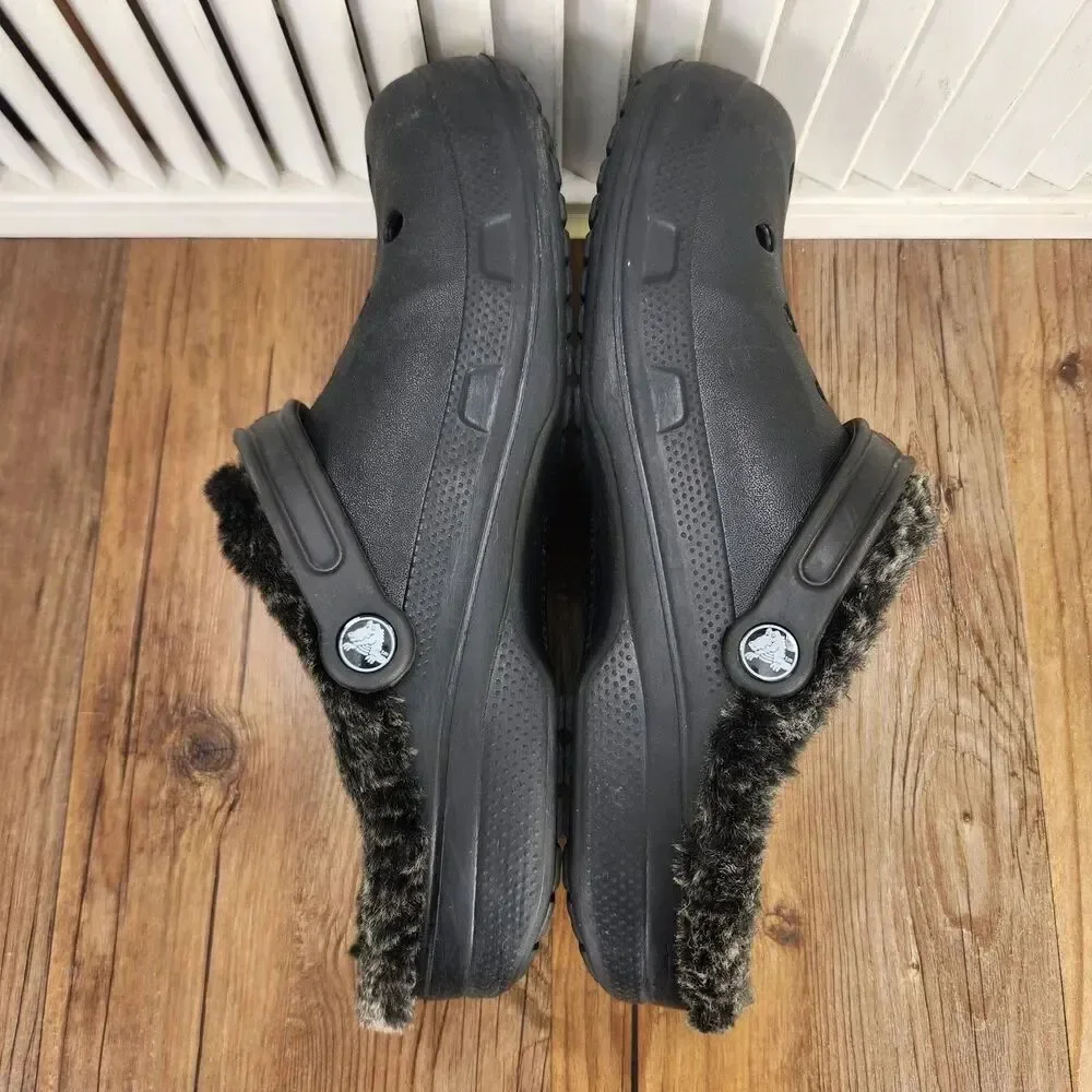 Crocs Baya Lined Clogs Mens Sz 9 Black Faux Fur Fleece Lining Slip On Shoes